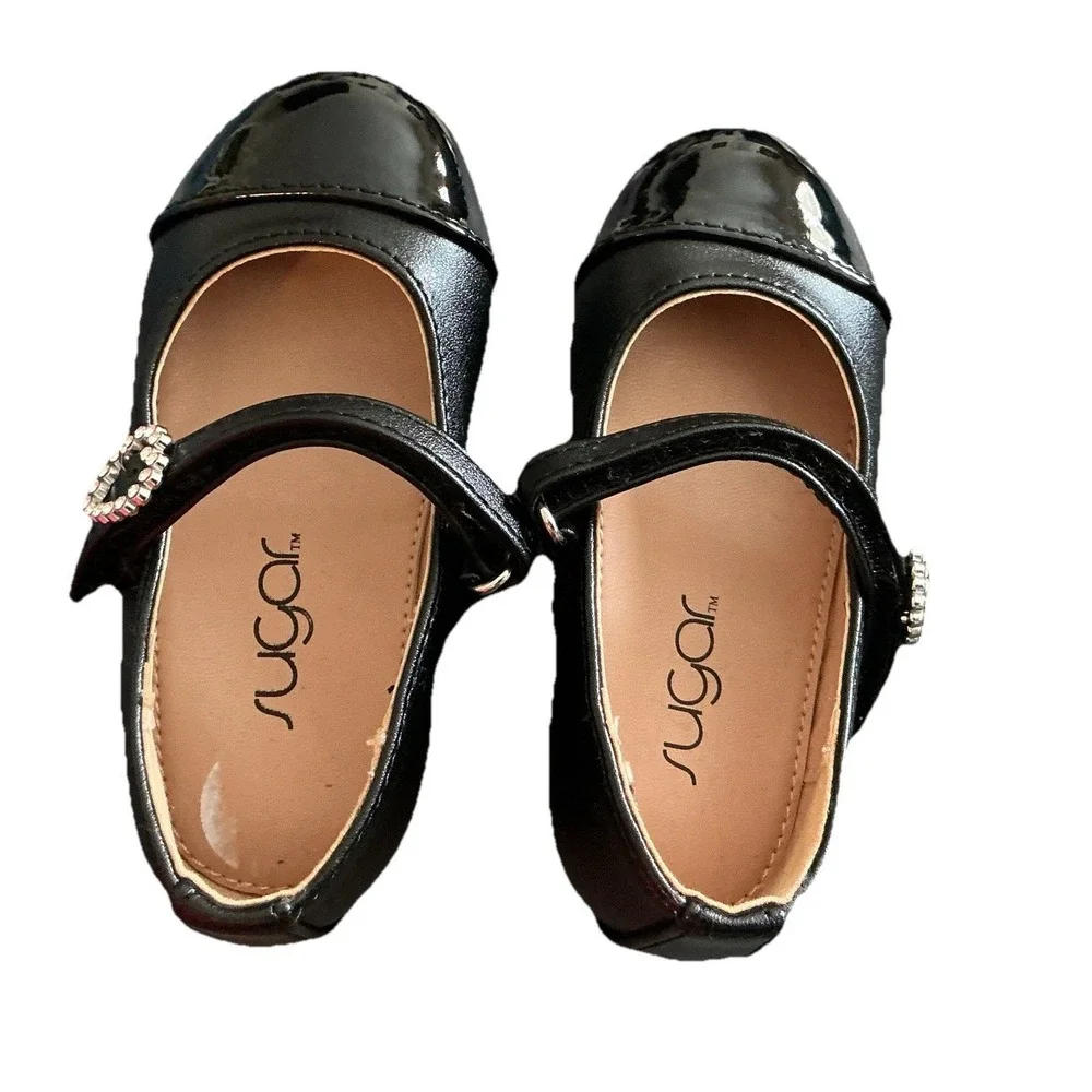 Girls Sugar Black Patent Leather Mary Jane Shoes‎ Heart Buckle - Toddler Size 6